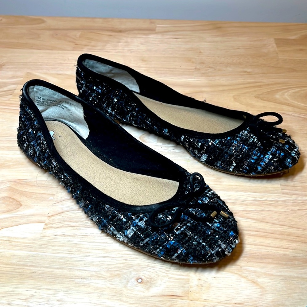 BP. Tweed Ballet Flats | Black & Blue Textured Slip-On Shoes | Size 7 ✨